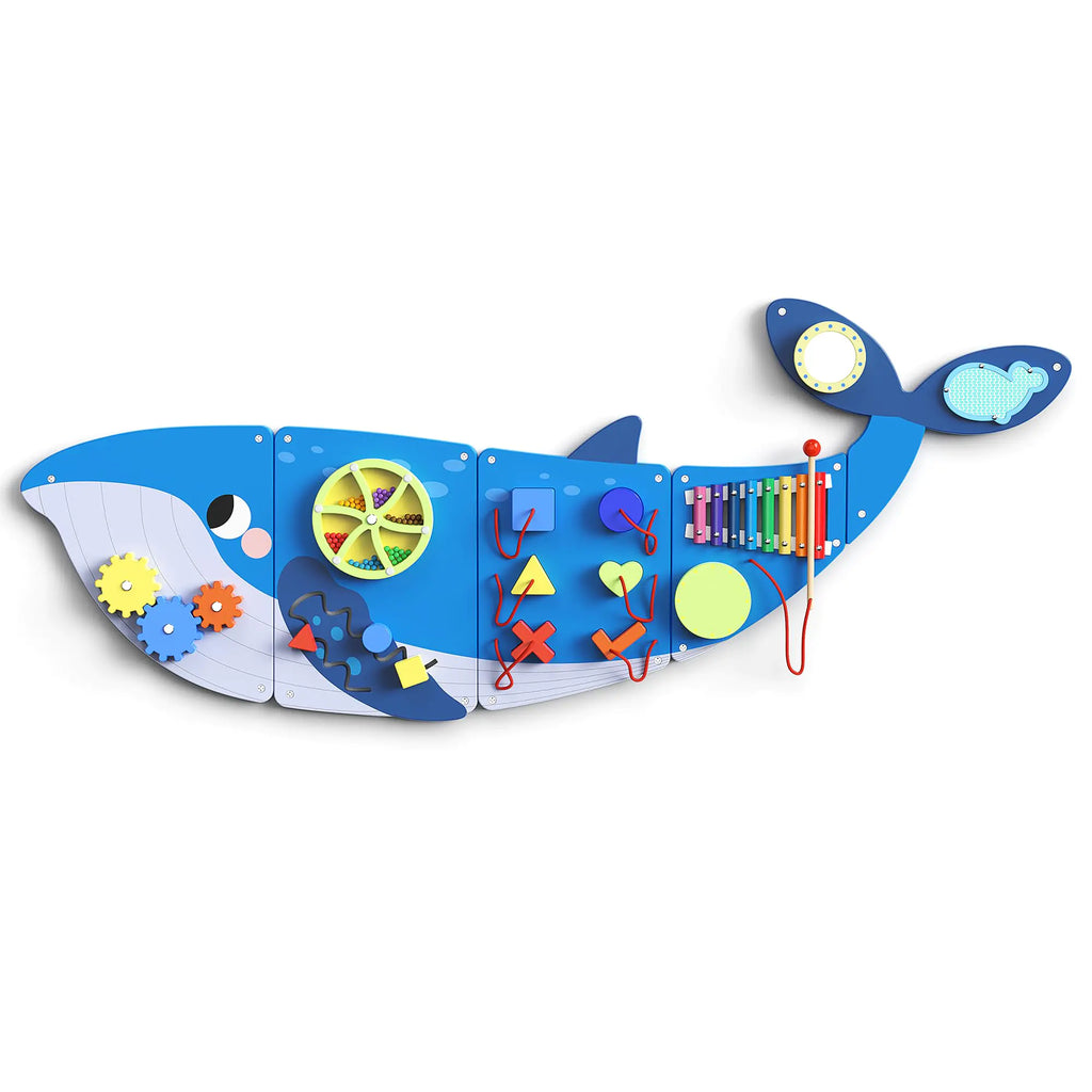 Wooden toddler sensory board showing educational activity panels