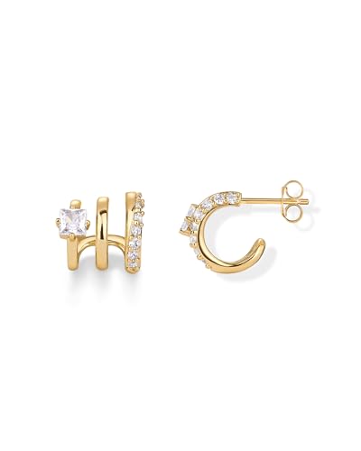 Gold Lux triple hoop zirconia earrings – 14K yellow gold plated, nickel-free, hypoallergenic, princess-cut CZ