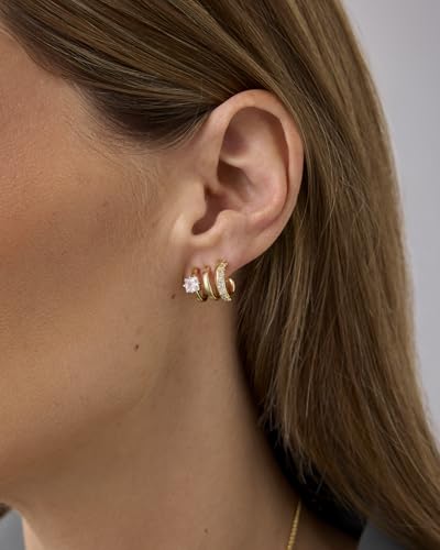 Gold Lux triple hoop zirconia earrings – 14K yellow gold plated, nickel-free, hypoallergenic, princess-cut CZ