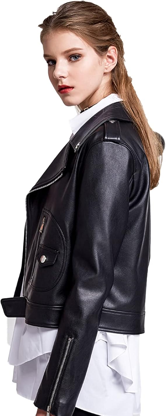 Slim fit women's biker jacket showing zipper detail