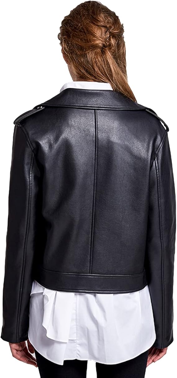 Women's PU leather jacket with stand collar and side pockets