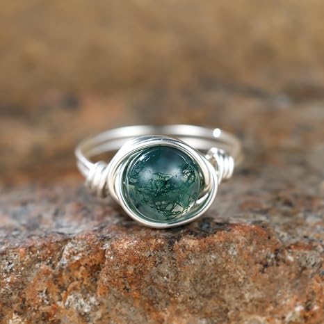 Moss agate harmony ring – silver handcrafted natural green gemstone, hypoallergenic, heart chakra healing