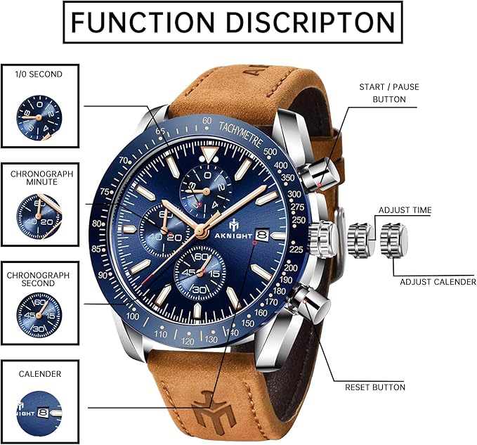 Casotime men's silver blue leather chronograph watch with 45MM stainless steel case