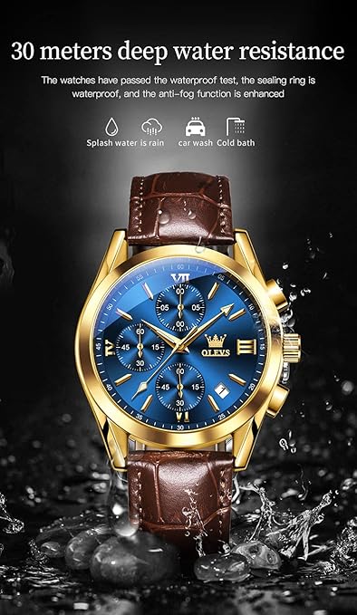 OLEVS men's chronograph watch with large gold dial and brown leather strap