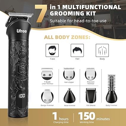 MultiPro 7-in-1 men's grooming kit in black with beard body and hair trimmer heads and storage base