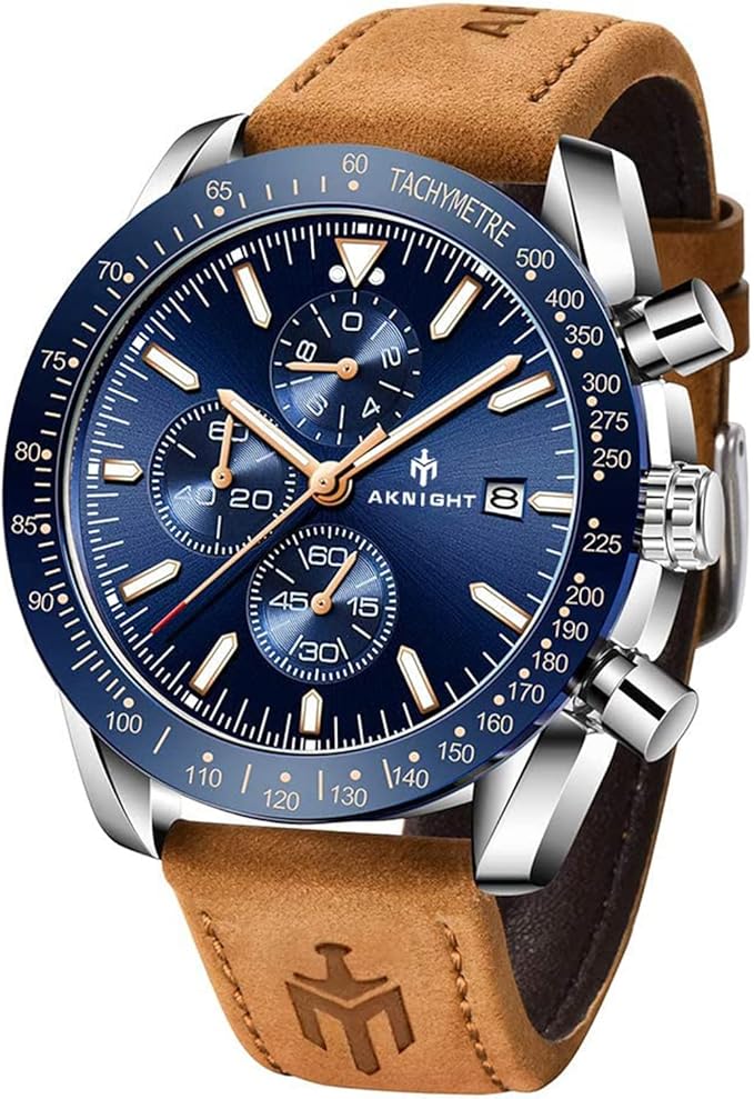 Casotime men's silver blue leather chronograph watch with 45MM stainless steel case