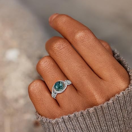 Moss agate harmony ring – silver handcrafted natural green gemstone, hypoallergenic, heart chakra healing