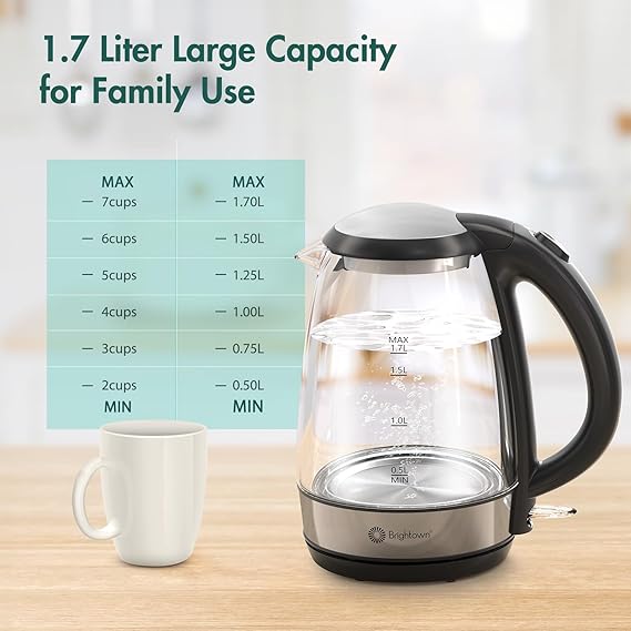 Brightown RapidHeat 1.7L electric kettle – 1500W, borosilicate glass, auto shut-off, British Strix thermostat