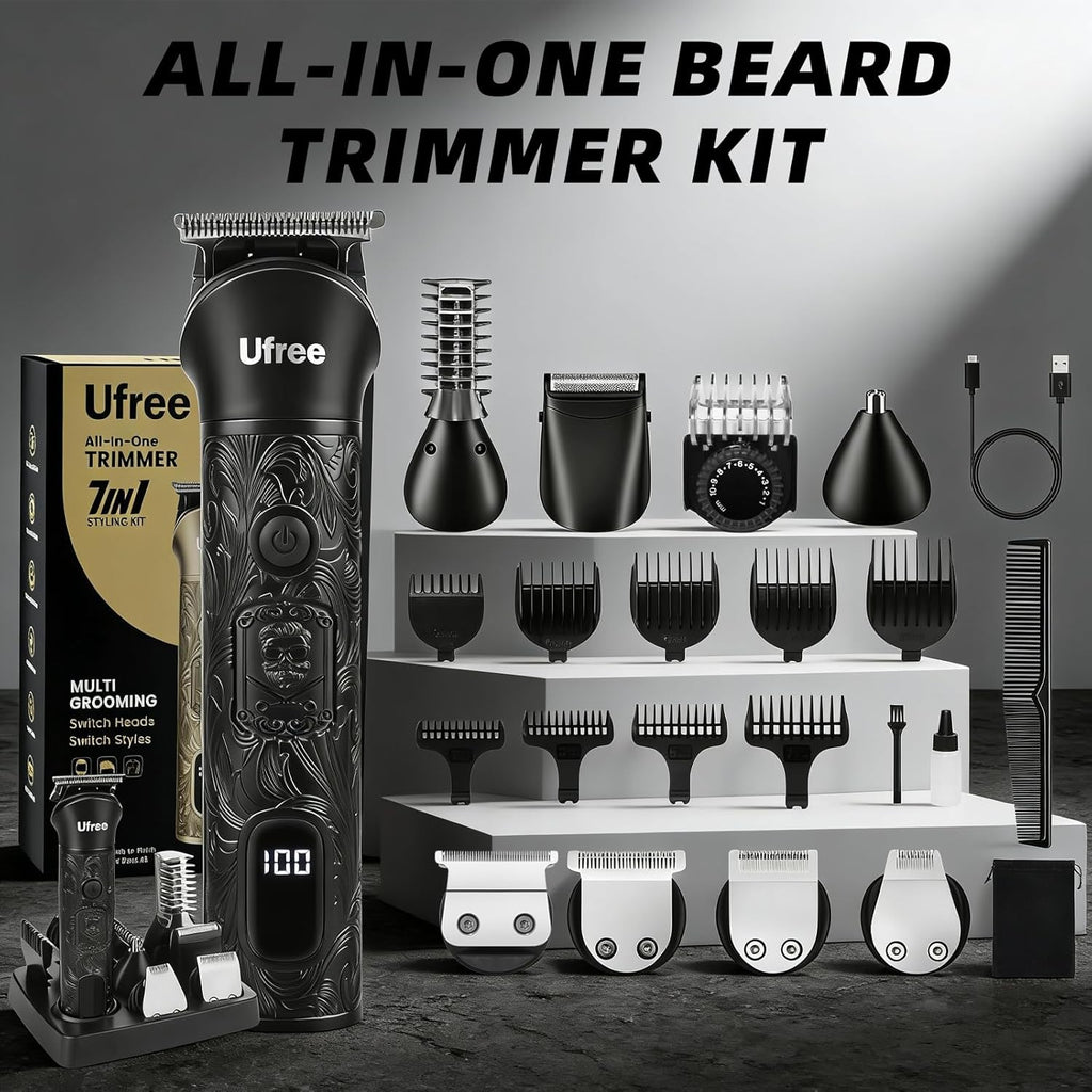 MultiPro 7-in-1 men's grooming kit in black with beard body and hair trimmer heads and storage base