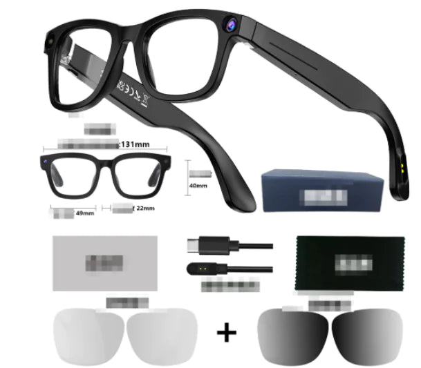 AI camera smart glasses with transparent lens featuring HD video recording and object recognition