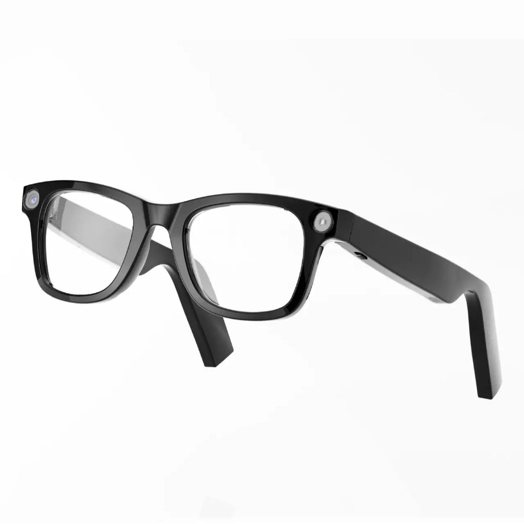 AI camera smart glasses with transparent lens featuring HD video recording and object recognition