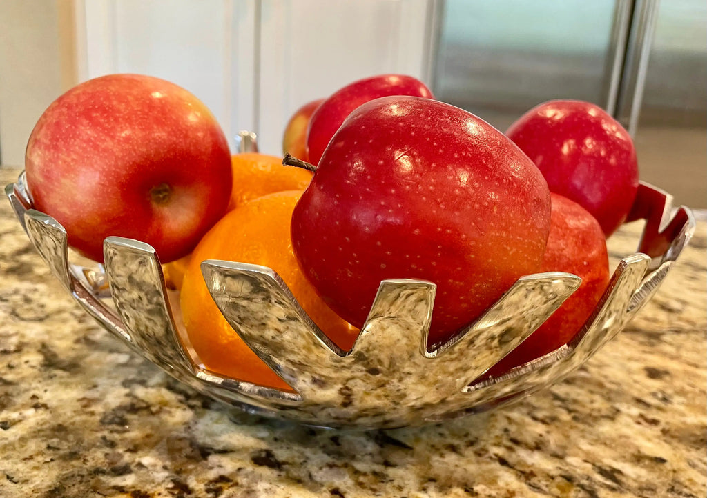 Mahya Modern Fruit & Bread Tray – handcrafted recycled aluminum decorative bowl, 12x12x4 inches, polished finish