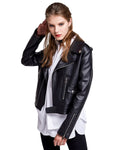 Women's black faux leather motorcycle jacket front view