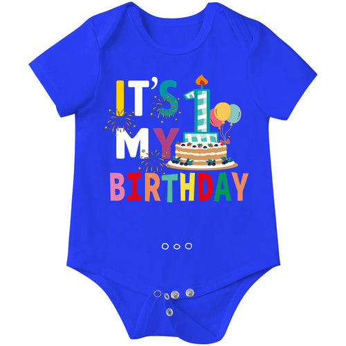 Baby 1st Birthday bodysuit in blue with colorful balloons and fireworks design - infant romper for boys 18-24 months by Mahya