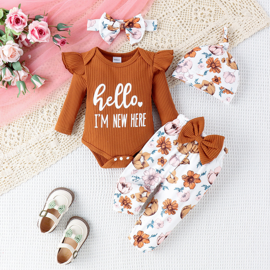 Europe And The United States Foreign Trade Children's Clothing Newborn Clothes Baby Girl One-piece Long Pants Hat Scarf Four-piece Baby Clothing