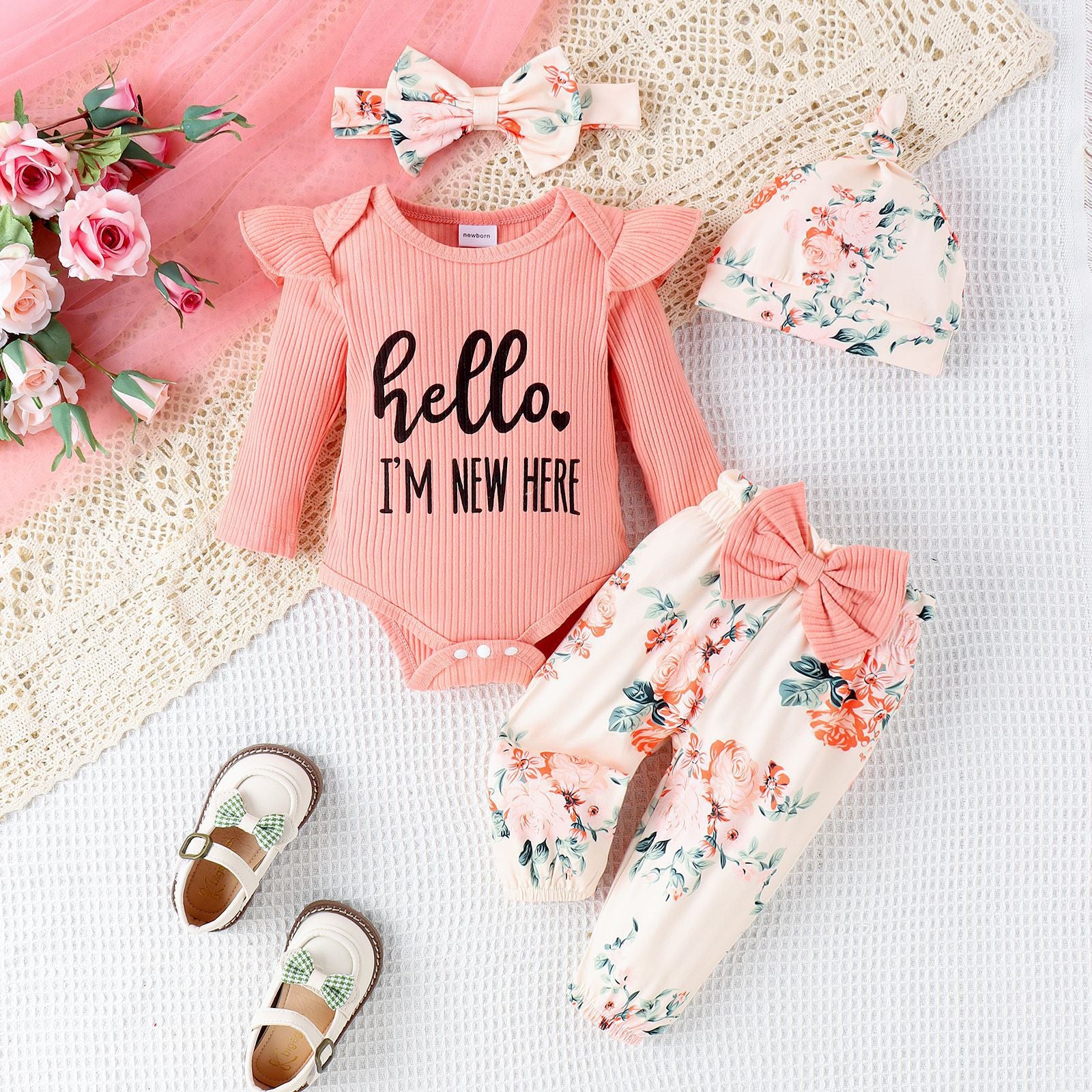 Europe And The United States Foreign Trade Children's Clothing Newborn Clothes Baby Girl One-piece Long Pants Hat Scarf Four-piece Baby Clothing