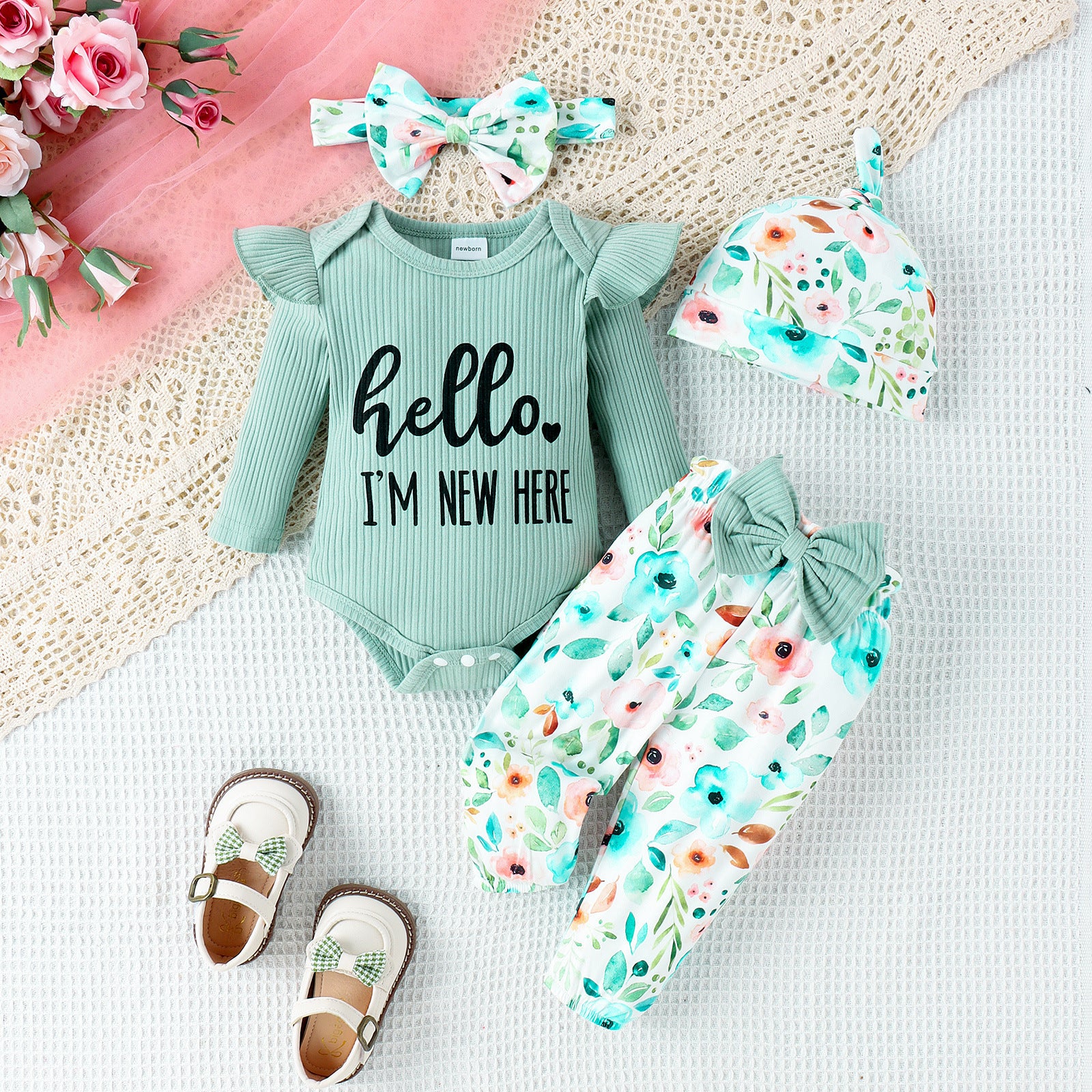 Europe And The United States Foreign Trade Children's Clothing Newborn Clothes Baby Girl One-piece Long Pants Hat Scarf Four-piece Baby Clothing
