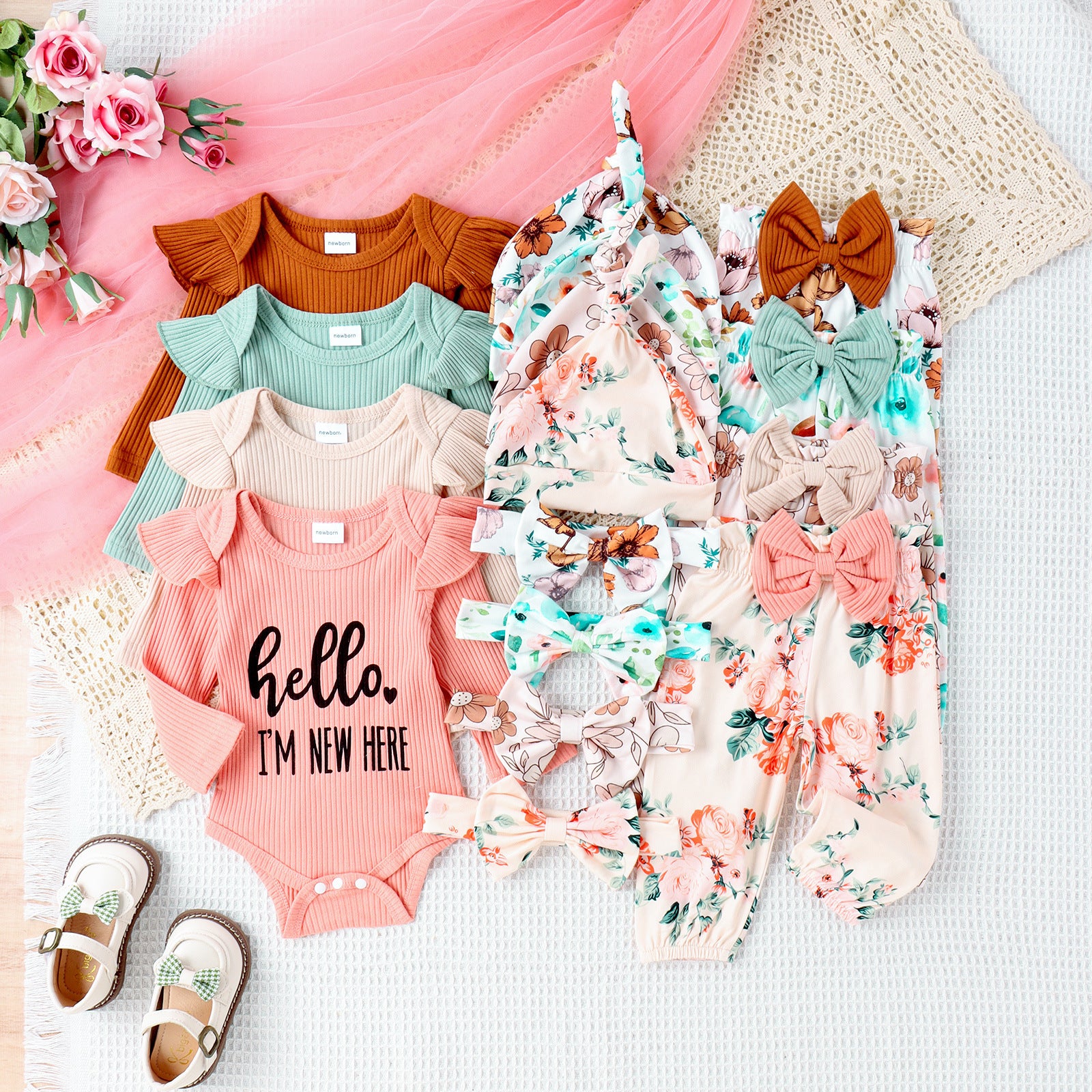 Europe And The United States Foreign Trade Children's Clothing Newborn Clothes Baby Girl One-piece Long Pants Hat Scarf Four-piece Baby Clothing