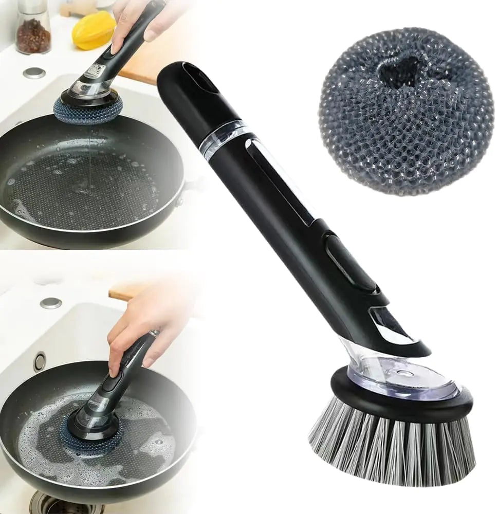 Easy soap long handle dish brush with built-in soap dispenser and non-slip grip