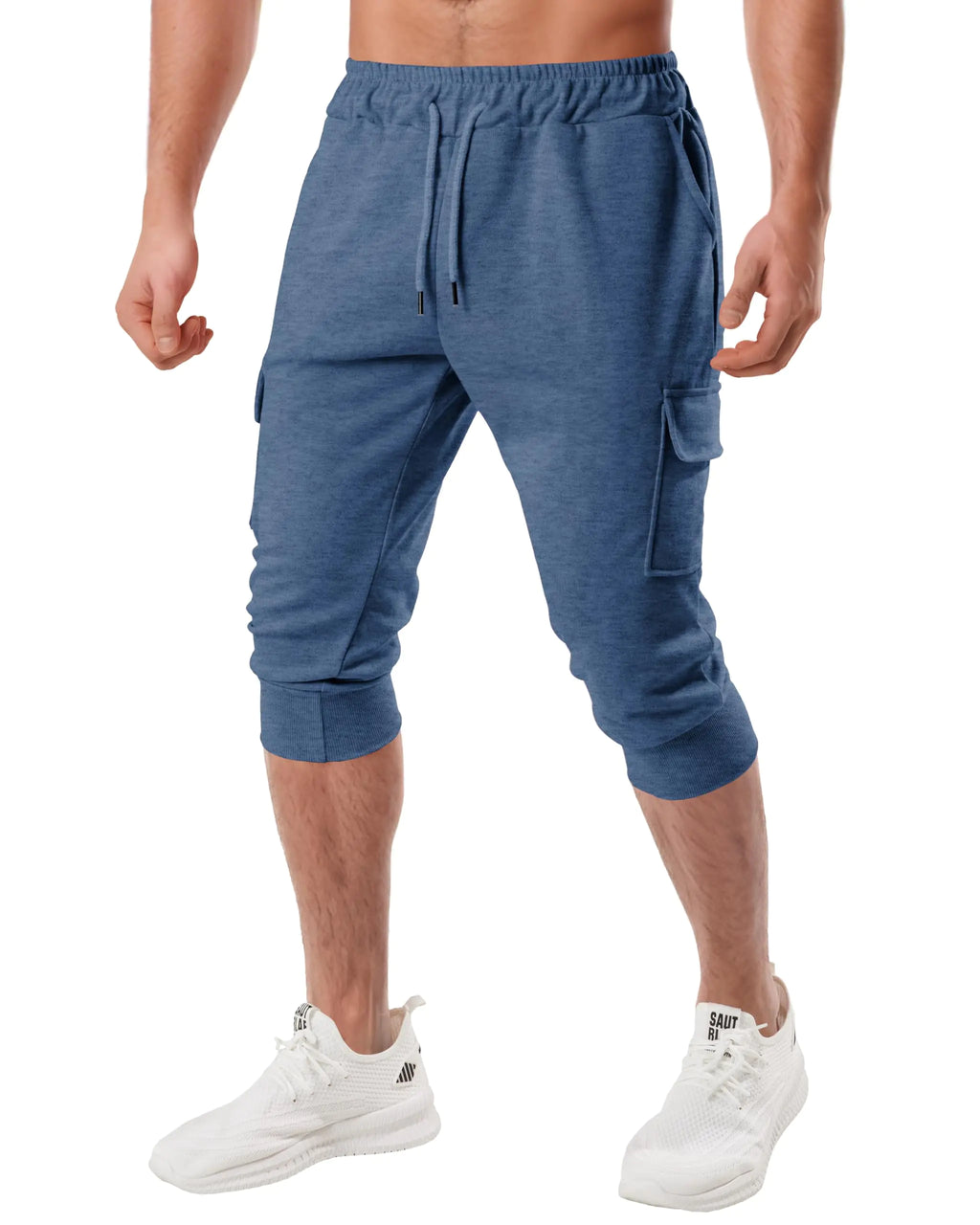 Ohoo Men's 3/4 Slim Cargo Joggers in Smokey Blue – slim fit three-quarter active lifestyle pants with cargo pockets