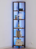 Furnulem 6-tier corner shelf in rustic brown with LED light - 67.5 inch tall narrow bookshelf with metal frame and wood shelves by Mahya