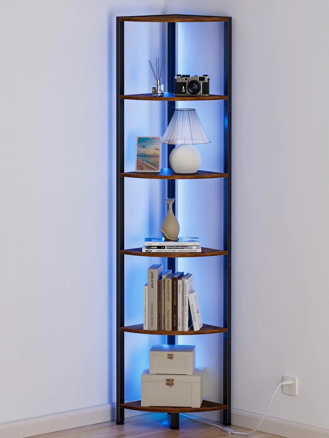 Furnulem 6-tier corner shelf in rustic brown with LED light - 67.5 inch tall narrow bookshelf with metal frame and wood shelves by Mahya