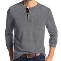 Men's light grey long sleeve Henley shirt with chest pocket and button collar
