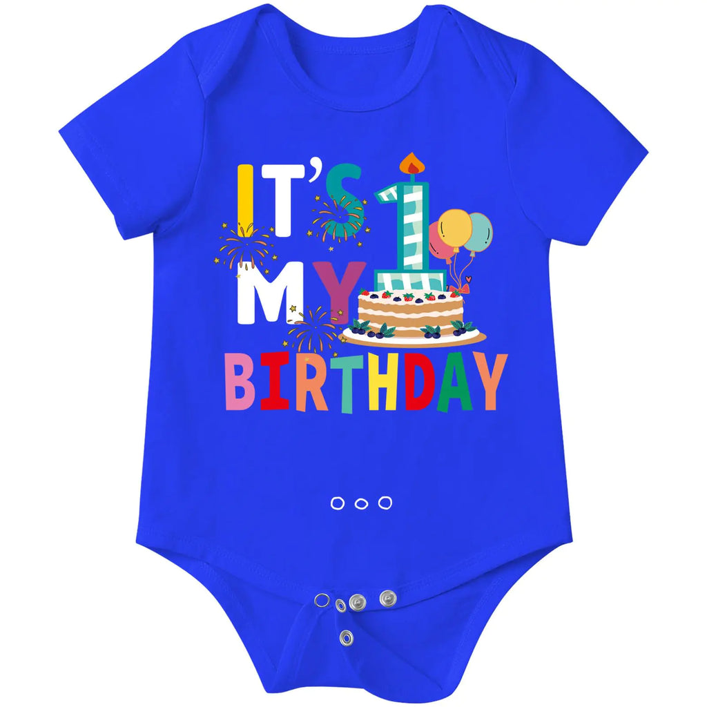 It's My 1st Birthday cotton bodysuit with envelope neckline and button closure for easy diaper changes