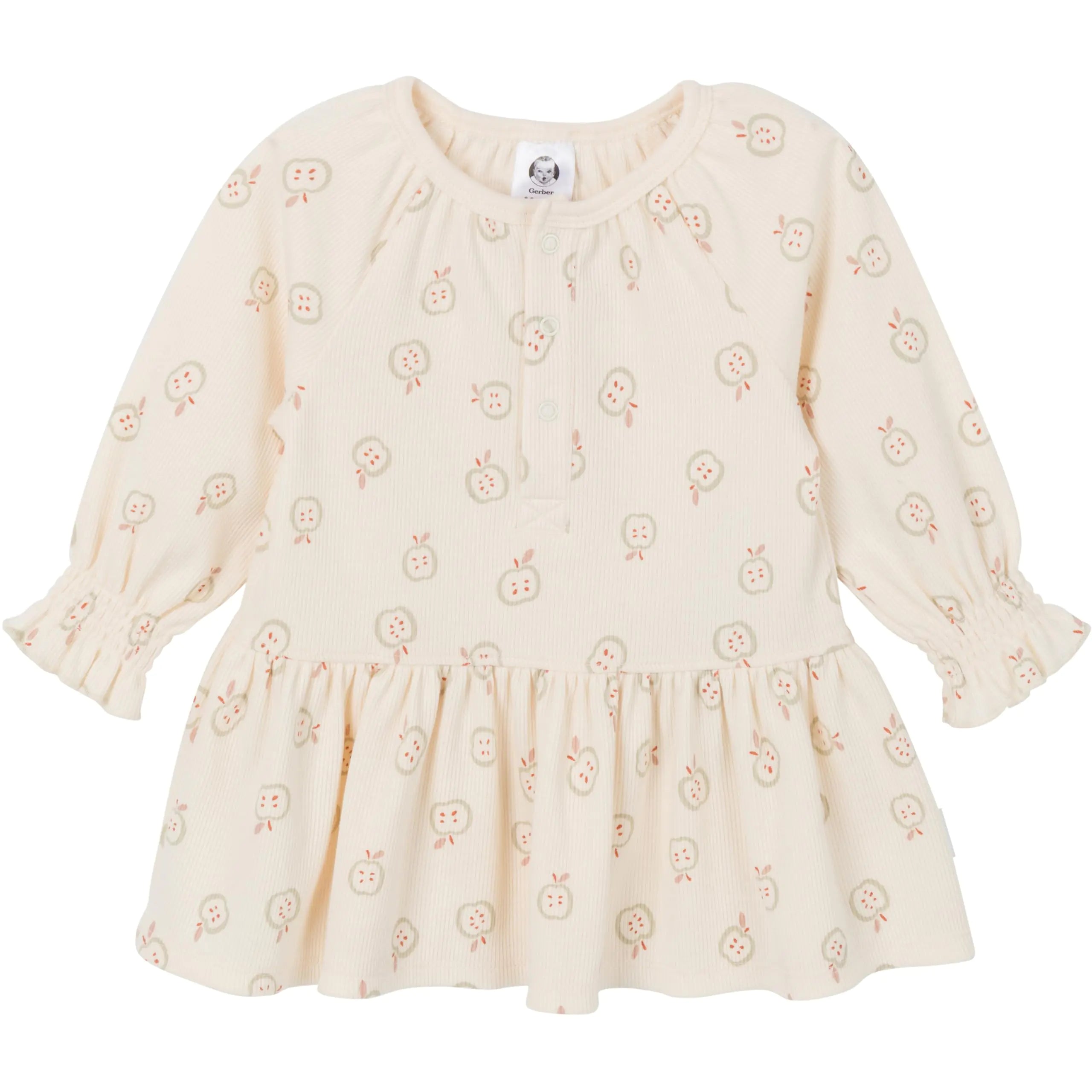 Mahya Gerber Baby Girls Long-Sleeve Apple Print Dress with ruffled skirt – soft comfortable newborn dress, size 0–3 months