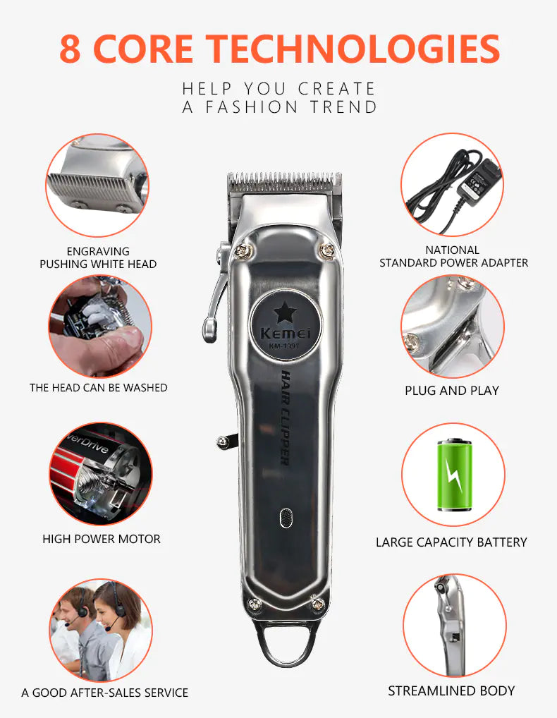 Kemei Rechargeable Electric Hair Clipper for Men in Silver – cordless trimmer with stainless steel blades