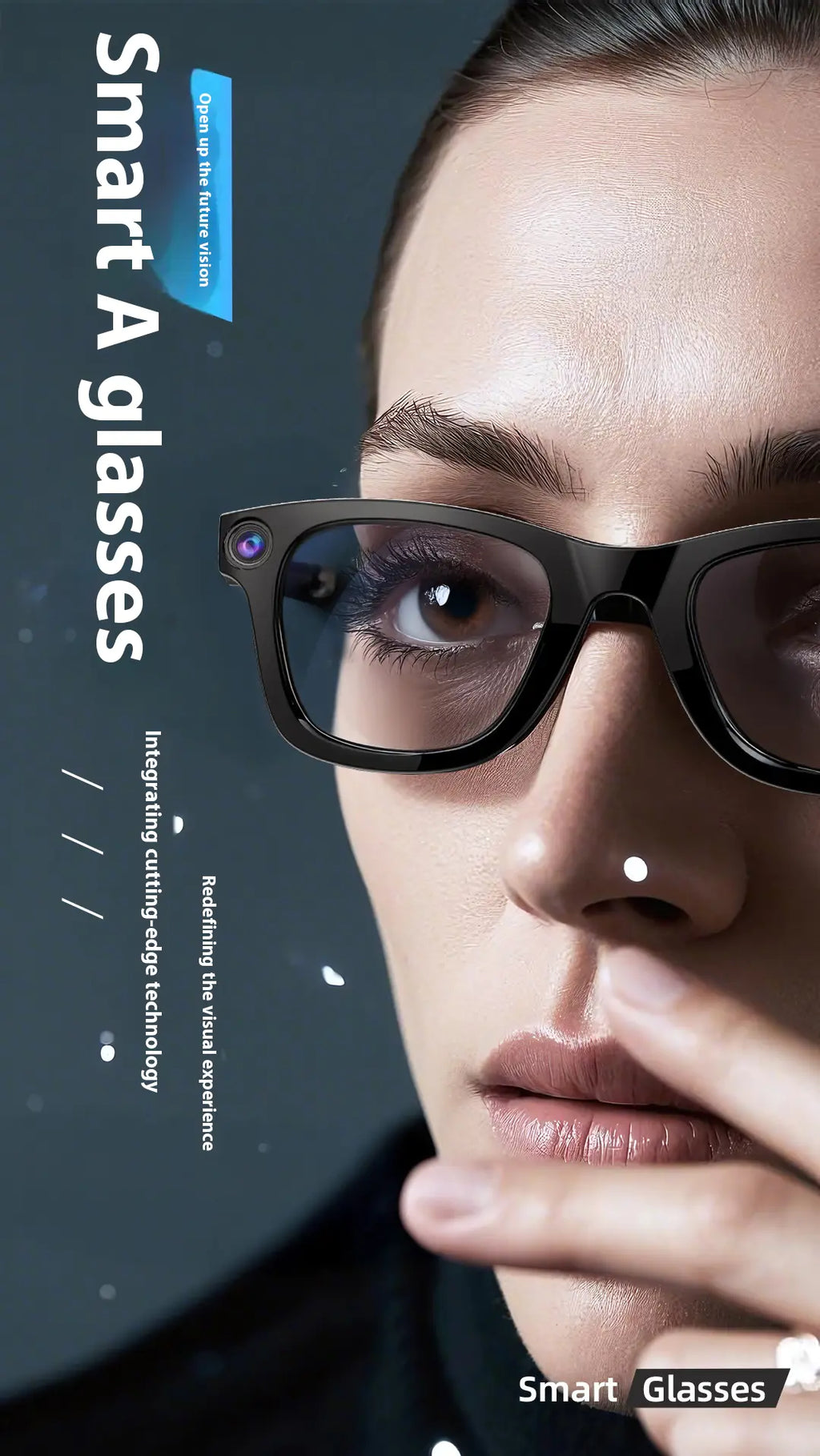 AI camera smart glasses with transparent lens featuring HD video recording and object recognition
