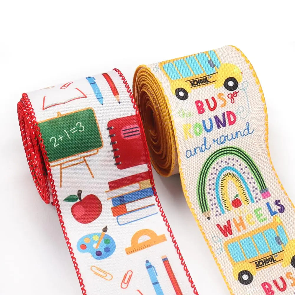 Back to school burlap ribbons – 2 rolls, 5 yards, wired edge, school bus & apple designs for gift wrapping & decor
