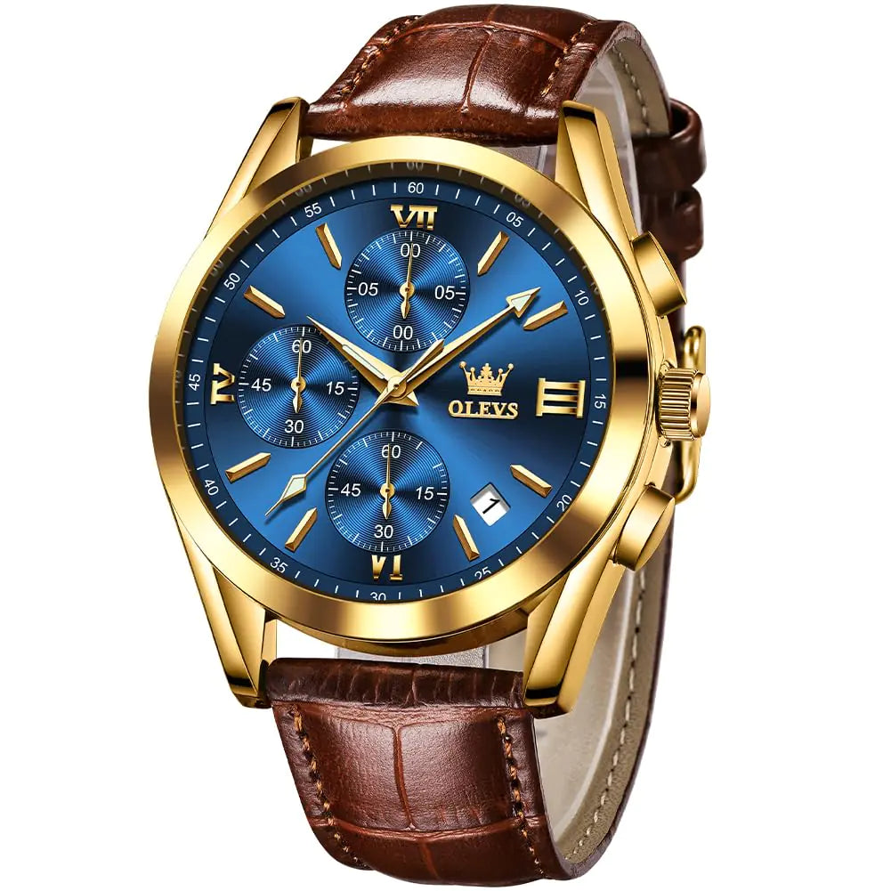 OLEVS men's chronograph watch with large gold dial and brown leather strap
