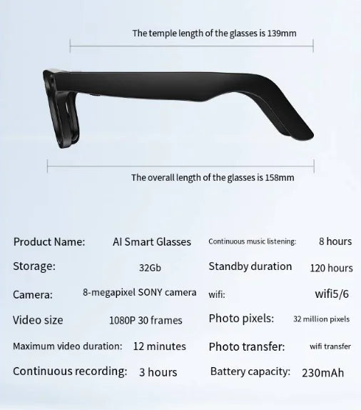AI camera smart glasses with transparent lens featuring HD video recording and object recognition