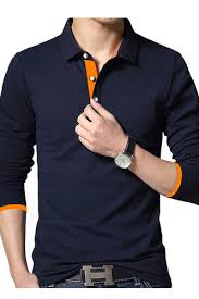 PEVOSU men's navy long sleeve cotton polo shirt with turn-down collar and button-up front