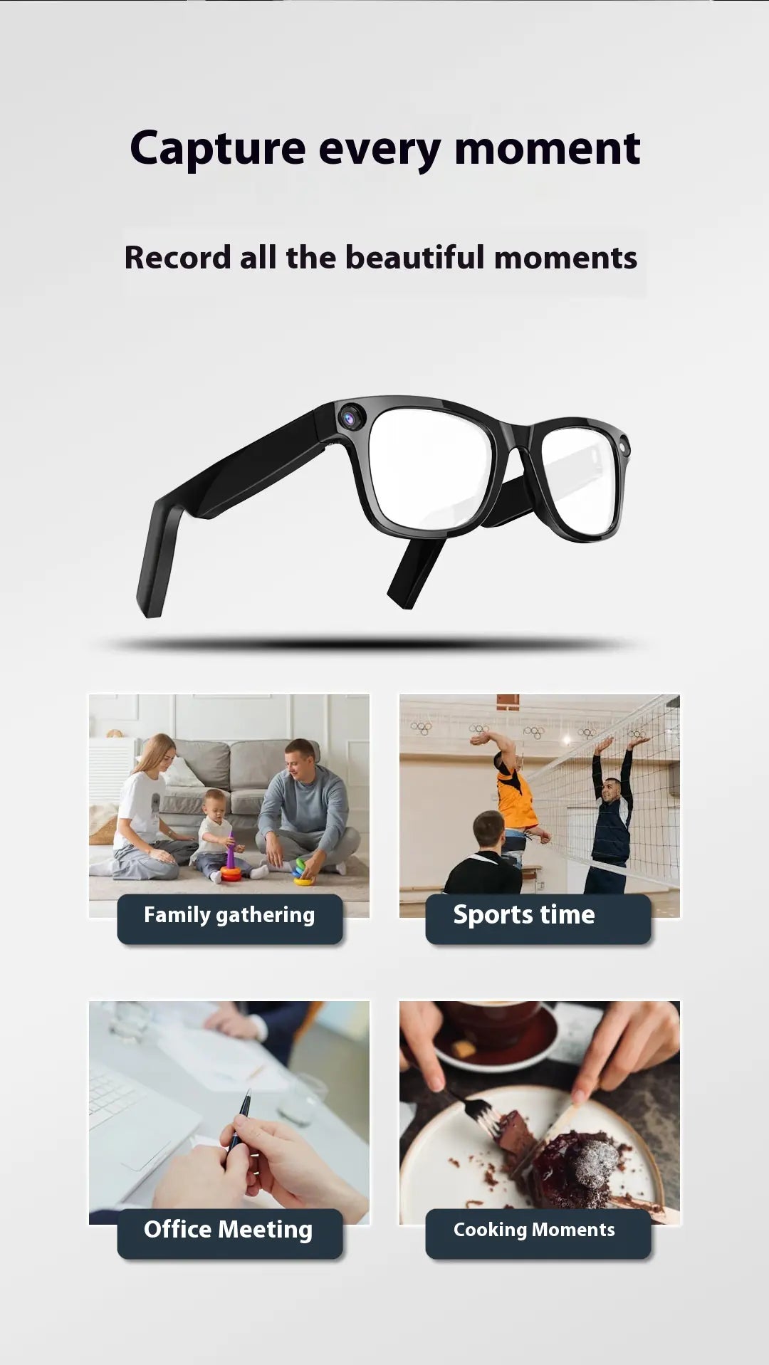 AI camera smart glasses with transparent lens featuring HD video recording and object recognition