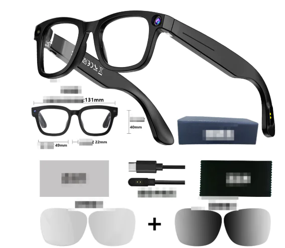 AI camera smart glasses with transparent lens featuring HD video recording and object recognition