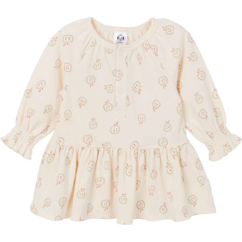 Mahya Gerber Baby Girls Long-Sleeve Apple Print Dress with ruffled skirt – soft comfortable newborn dress, size 0–3 months