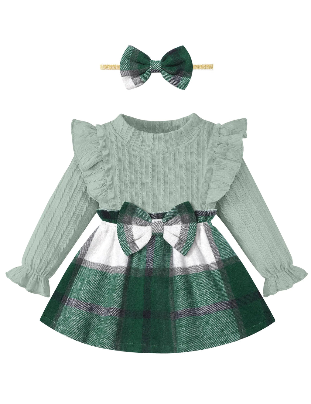 CRISONE baby girl green plaid dress with ruffle shoulders and bowknot - long sleeve outfit with headband for 6-12 months by Mahya