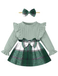 CRISONE baby girl green plaid dress with ruffle shoulders and bowknot - long sleeve outfit with headband for 6-12 months by Mahya